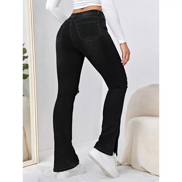 Floerns Women's Flare Leg Ripped Frayed Split Hem High Waist Denim Jeans