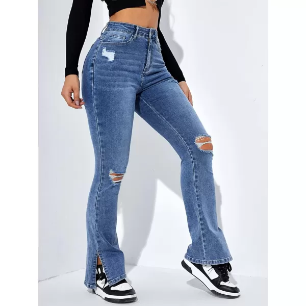Floerns Women's Flare Leg Ripped Frayed Split Hem High Waist Denim Jeans