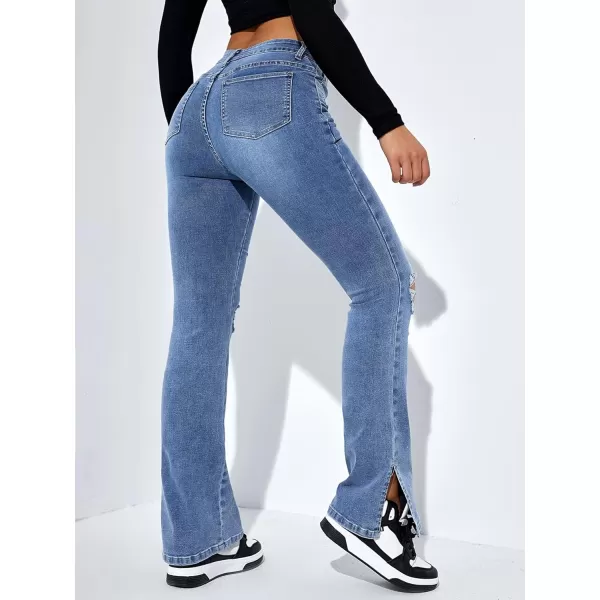 Floerns Women's Flare Leg Ripped Frayed Split Hem High Waist Denim Jeans