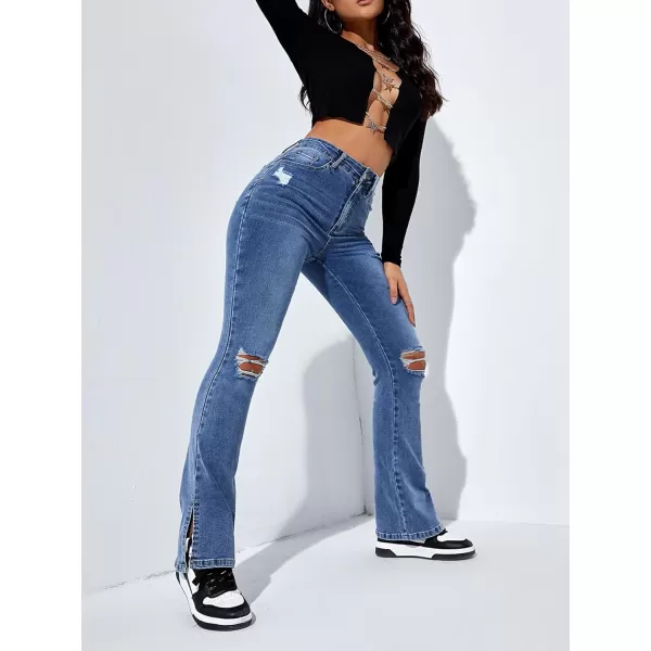 Floerns Women's Flare Leg Ripped Frayed Split Hem High Waist Denim Jeans