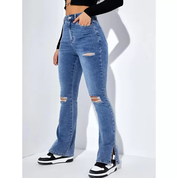 Floerns Women's Flare Leg Ripped Frayed Split Hem High Waist Denim Jeans