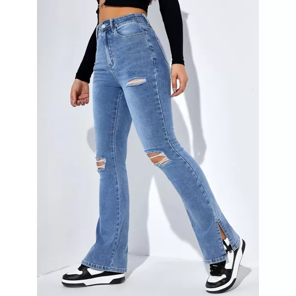 Floerns Women's Flare Leg Ripped Frayed Split Hem High Waist Denim Jeans