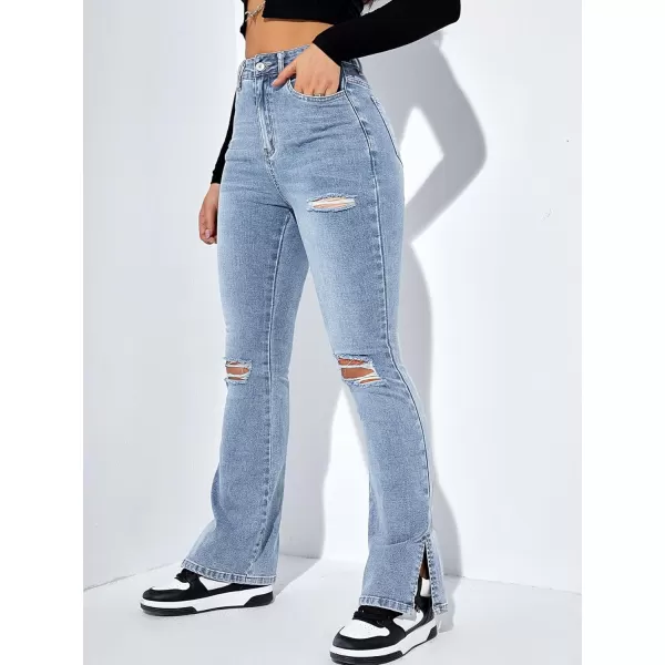 Floerns Women's Flare Leg Ripped Frayed Split Hem High Waist Denim Jeans