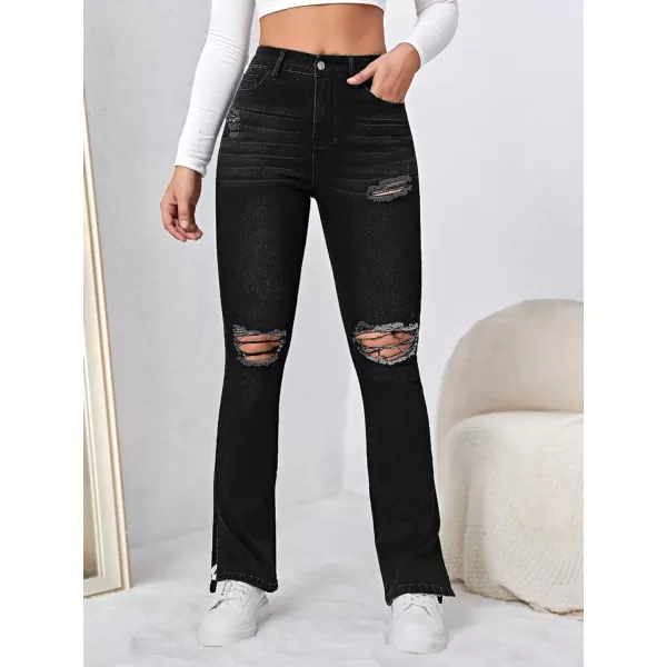 Floerns Women's Flare Leg Ripped Frayed Split Hem High Waist Denim Jeans