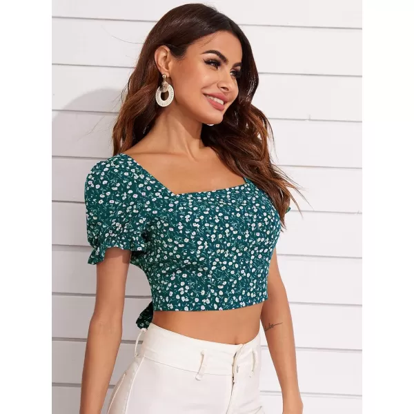 Floerns Women's Floral Print Square Neck Backless Tie Back Crop Top Blouse