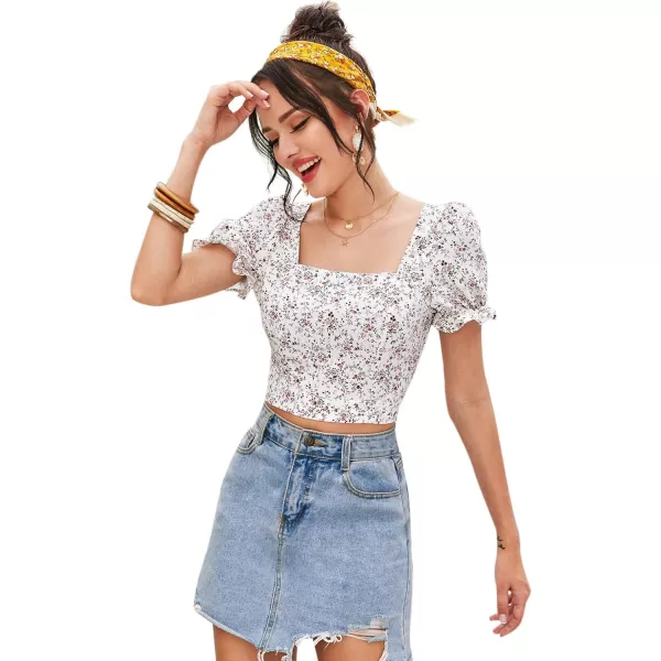 Floerns Women's Floral Print Square Neck Backless Tie Back Crop Top Blouse