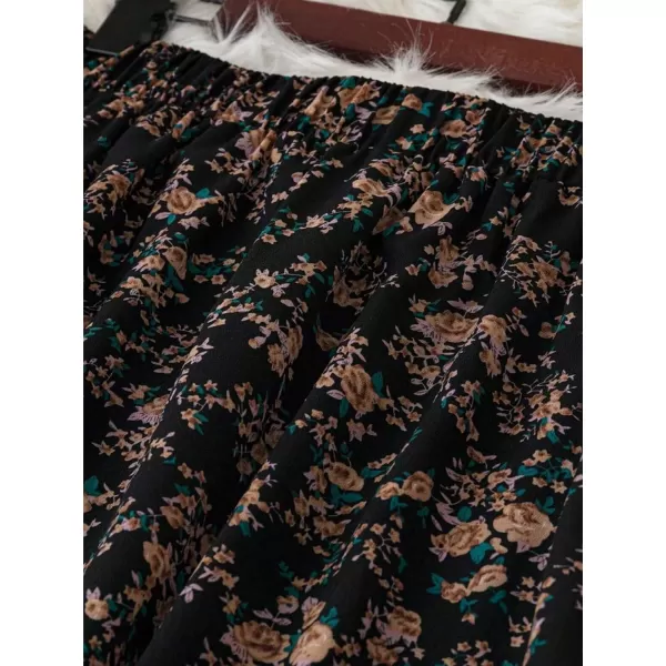 Floerns Women's Floral Printed Elastic Waist A Line Pleated Ruffle Midi Skirt
