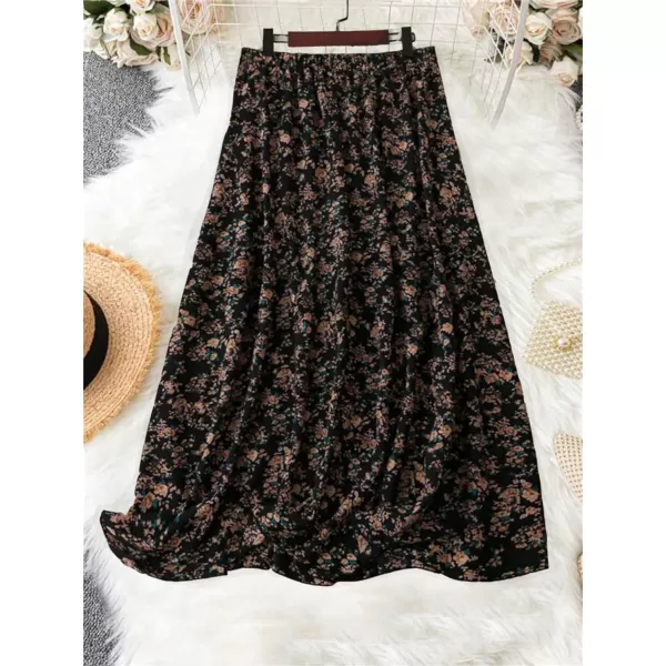 Floerns Women's Floral Printed Elastic Waist A Line Pleated Ruffle Midi Skirt