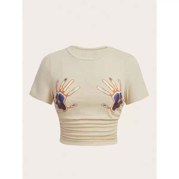 Floerns Women's Graphic Print Short Sleeve Tee Ruched Casual Crop Top Tee Shirt