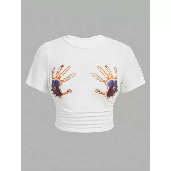 Floerns Women's Graphic Print Short Sleeve Tee Ruched Casual Crop Top Tee Shirt