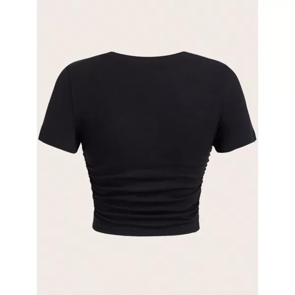 Floerns Women's Graphic Print Short Sleeve Tee Ruched Casual Crop Top Tee Shirt