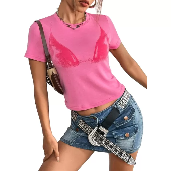 Floerns Women's Graphic Tees Summer Short Sleeve Bra Print T Shirts Crop Top