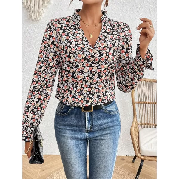 Floerns Women's Houndstooth Print Notched V Neck Long Sleeve Casual Blouse Tops