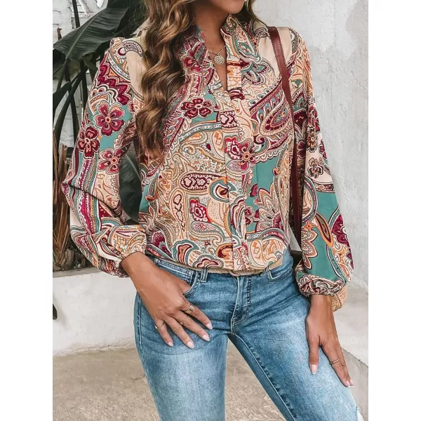 Floerns Women's Houndstooth Print Notched V Neck Long Sleeve Casual Blouse Tops