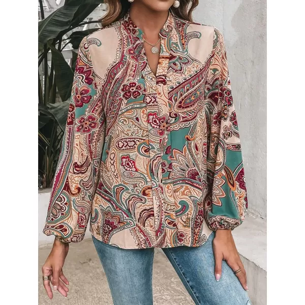 Floerns Women's Houndstooth Print Notched V Neck Long Sleeve Casual Blouse Tops