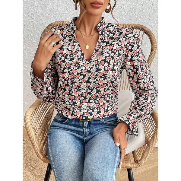 Floerns Women's Houndstooth Print Notched V Neck Long Sleeve Casual Blouse Tops
