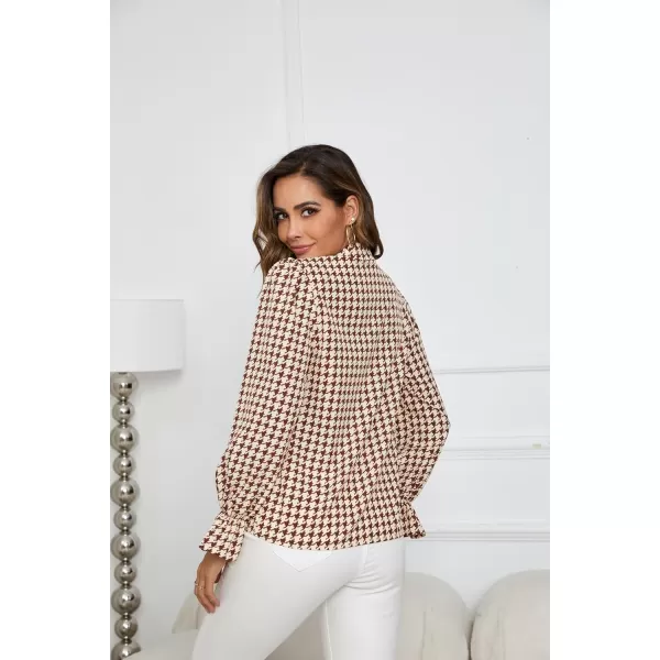 Floerns Women's Houndstooth Print Notched V Neck Long Sleeve Casual Blouse Tops