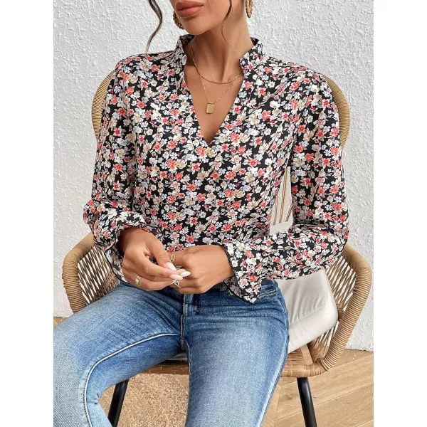 Floerns Women's Houndstooth Print Notched V Neck Long Sleeve Casual Blouse Tops