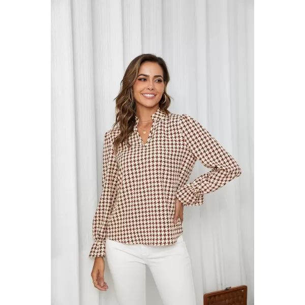 Floerns Women's Houndstooth Print Notched V Neck Long Sleeve Casual Blouse Tops