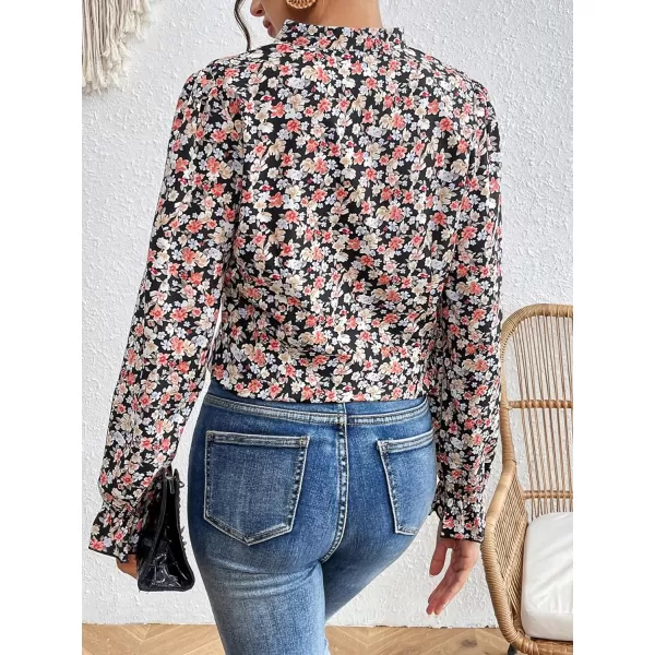Floerns Women's Houndstooth Print Notched V Neck Long Sleeve Casual Blouse Tops