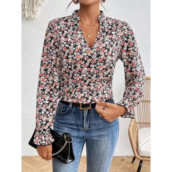 Floerns Women's Houndstooth Print Notched V Neck Long Sleeve Casual Blouse Tops