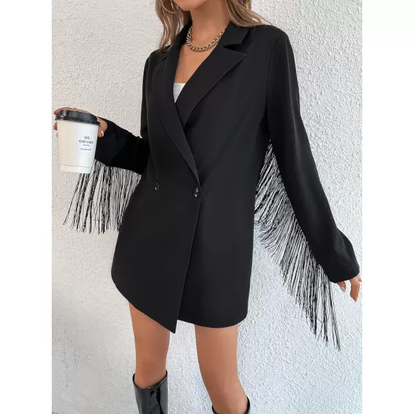 Floerns Women's Lapel Collar Long Sleeve Button Front Fringe Trim Blazer Jacket