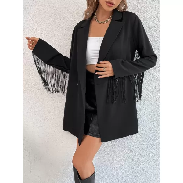 Floerns Women's Lapel Collar Long Sleeve Button Front Fringe Trim Blazer Jacket