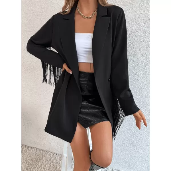 Floerns Women's Lapel Collar Long Sleeve Button Front Fringe Trim Blazer Jacket