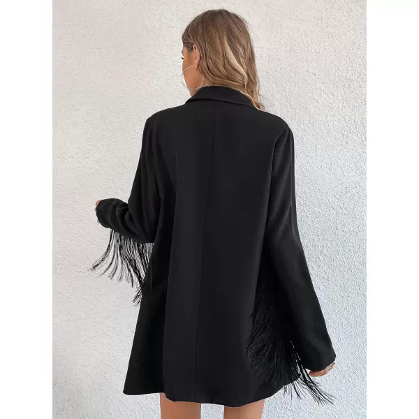 Floerns Women's Lapel Collar Long Sleeve Button Front Fringe Trim Blazer Jacket
