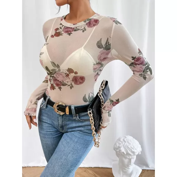 Floerns Women's Long Sleeve Slim Fit See Through Sheer Mesh Top