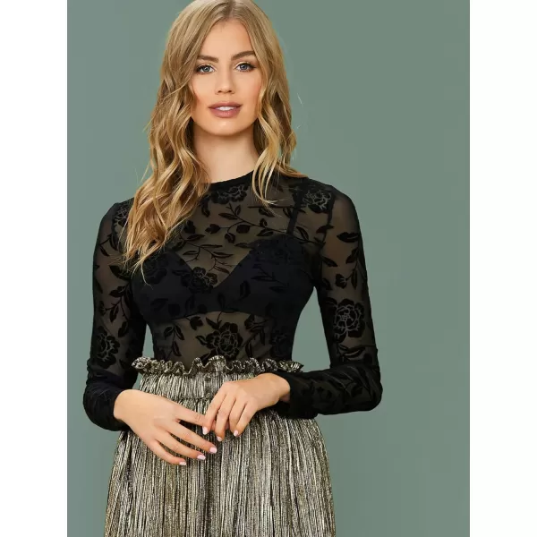 Floerns Women's Long Sleeve Slim Fit See Through Sheer Mesh Top