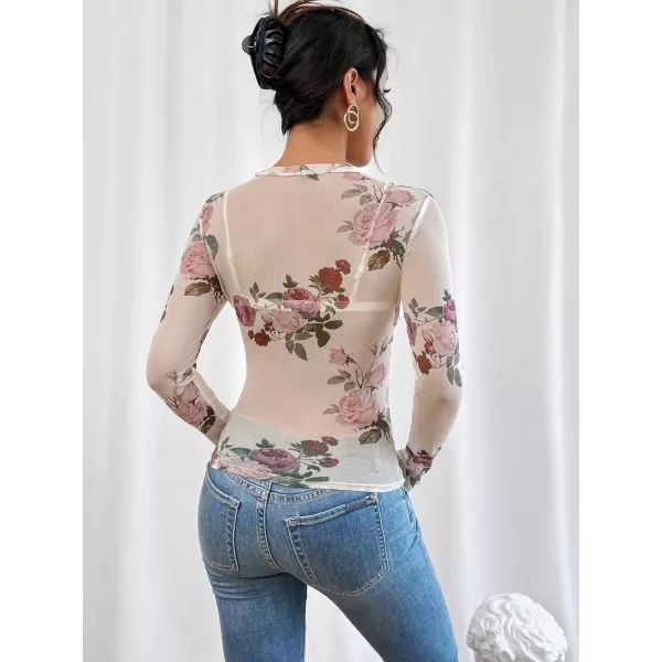 Floerns Women's Long Sleeve Slim Fit See Through Sheer Mesh Top