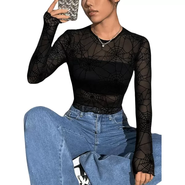 Floerns Women's Long Sleeve Slim Fit See Through Sheer Mesh Top