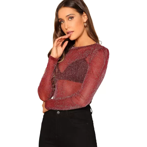 Floerns Women's Long Sleeve Slim Fit See Through Sheer Mesh Top