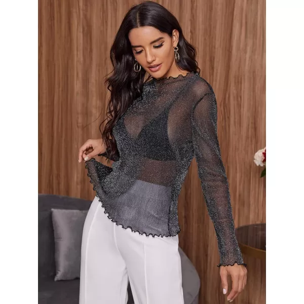 Floerns Women's Long Sleeve Slim Fit See Through Sheer Mesh Top