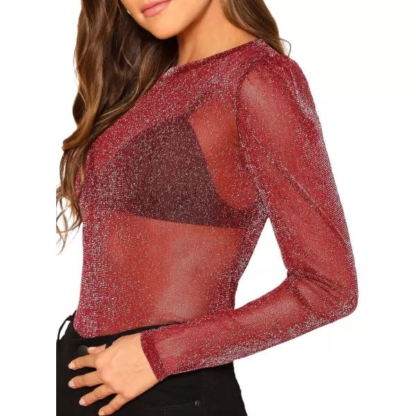 Floerns Women's Long Sleeve Slim Fit See Through Sheer Mesh Top