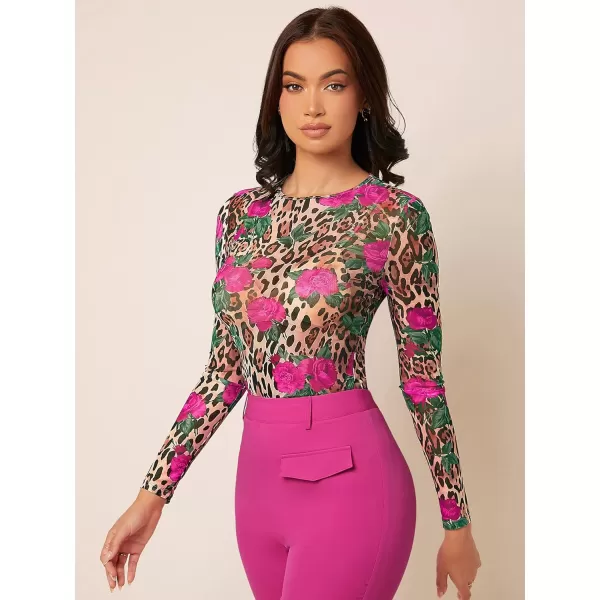 Floerns Women's Long Sleeve Slim Fit See Through Sheer Mesh Top