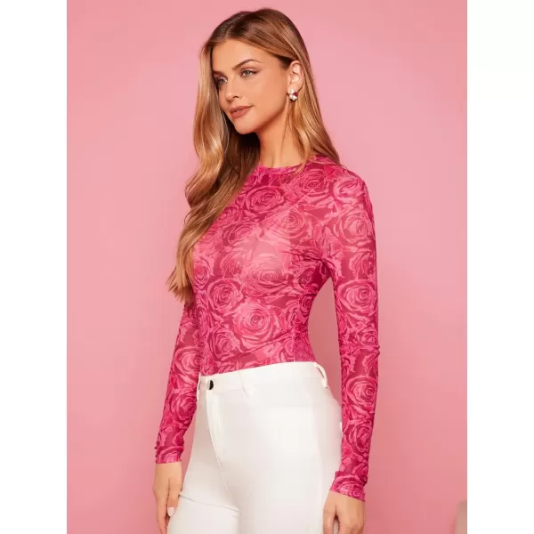 Floerns Women's Long Sleeve Slim Fit See Through Sheer Mesh Top
