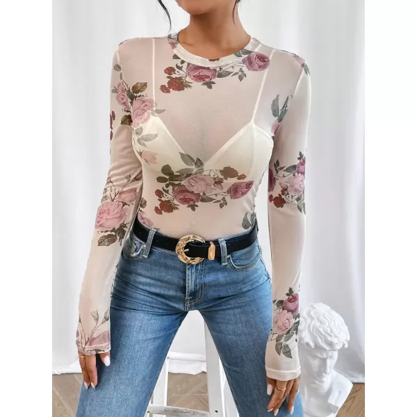Floerns Women's Long Sleeve Slim Fit See Through Sheer Mesh Top