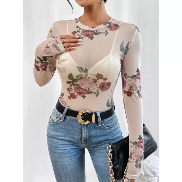 Floerns Women's Long Sleeve Slim Fit See Through Sheer Mesh Top