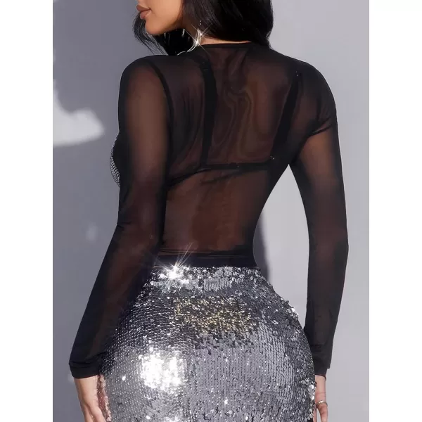 Floerns Women's Long Sleeve Slim Fit See Through Sheer Mesh Top