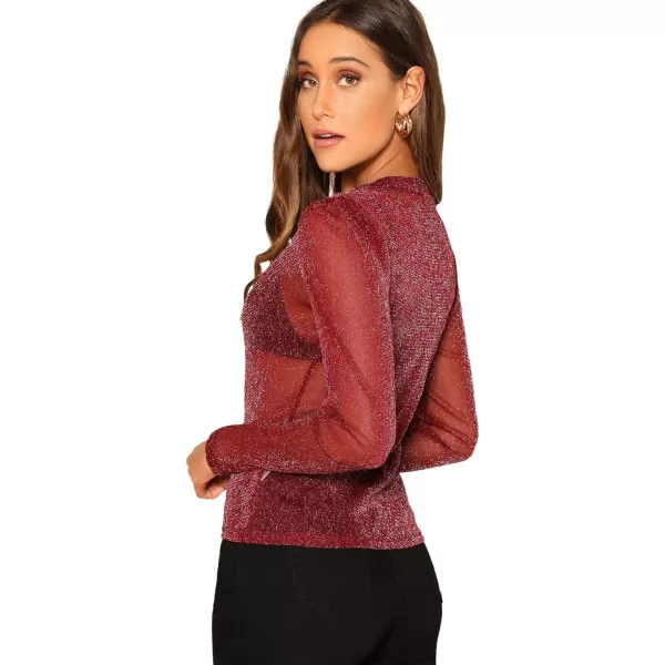 Floerns Women's Long Sleeve Slim Fit See Through Sheer Mesh Top