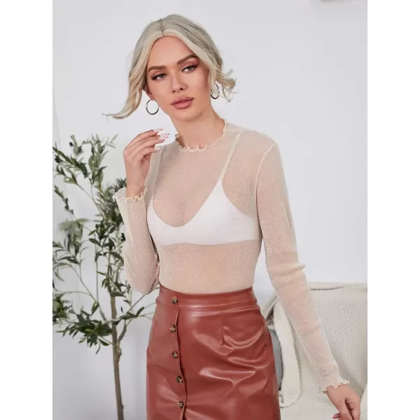 Floerns Women's Long Sleeve Slim Fit See Through Sheer Mesh Top