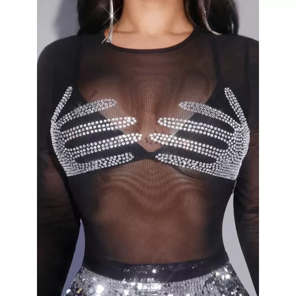 Floerns Women's Long Sleeve Slim Fit See Through Sheer Mesh Top