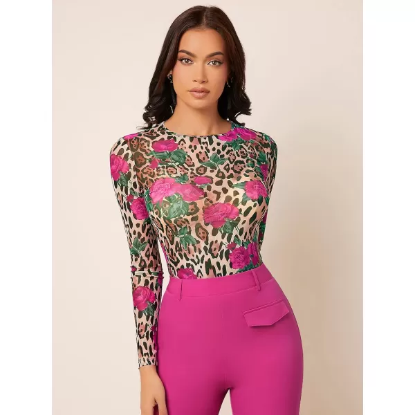 Floerns Women's Long Sleeve Slim Fit See Through Sheer Mesh Top