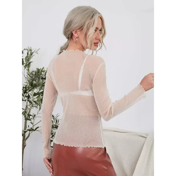 Floerns Women's Long Sleeve Slim Fit See Through Sheer Mesh Top
