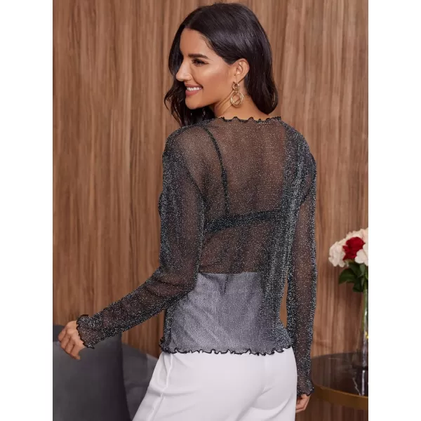 Floerns Women's Long Sleeve Slim Fit See Through Sheer Mesh Top