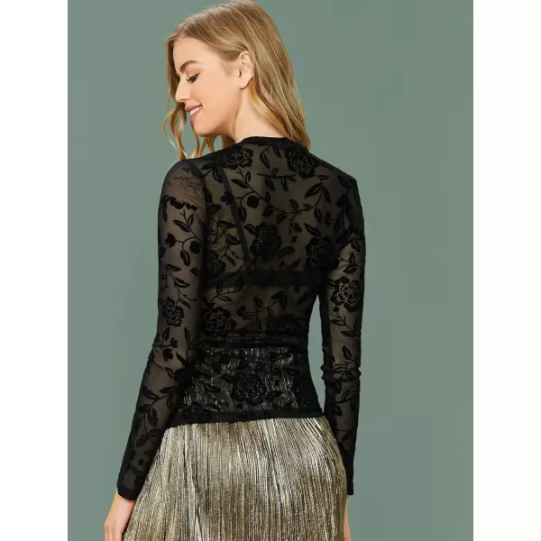 Floerns Women's Long Sleeve Slim Fit See Through Sheer Mesh Top