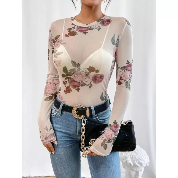 Floerns Women's Long Sleeve Slim Fit See Through Sheer Mesh Top