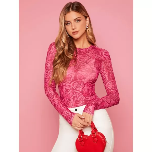 Floerns Women's Long Sleeve Slim Fit See Through Sheer Mesh Top